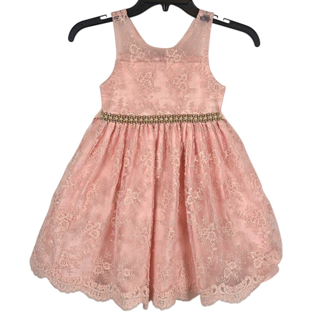 American Princess Youth Girls Size 5 Pink Floral Lace Dress Faux Pearl Coquette
